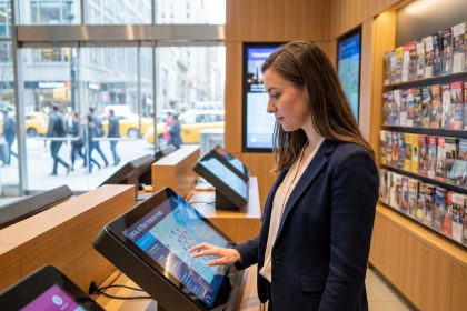 Jeune femme utilisant un kiosque digital dans un office de tourisme