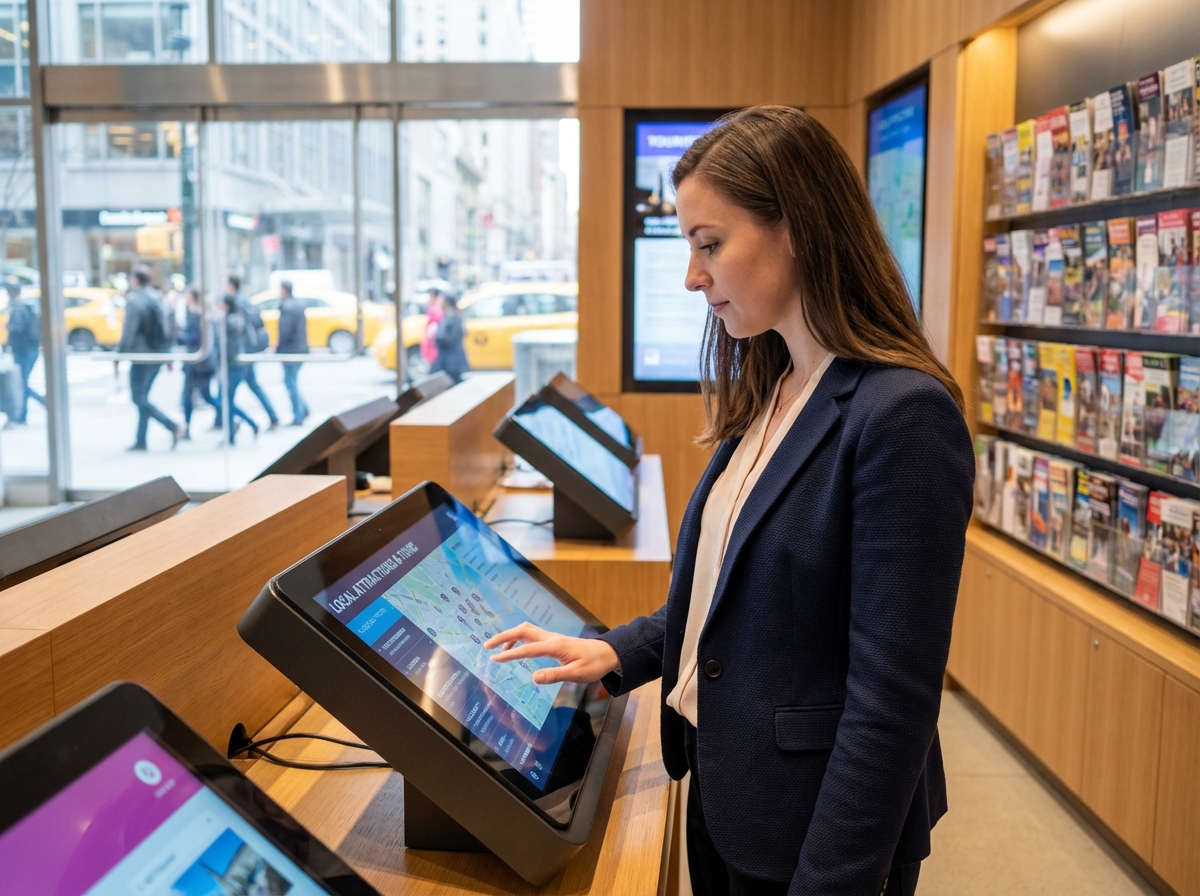 Jeune femme utilisant un kiosque digital dans un office de tourisme