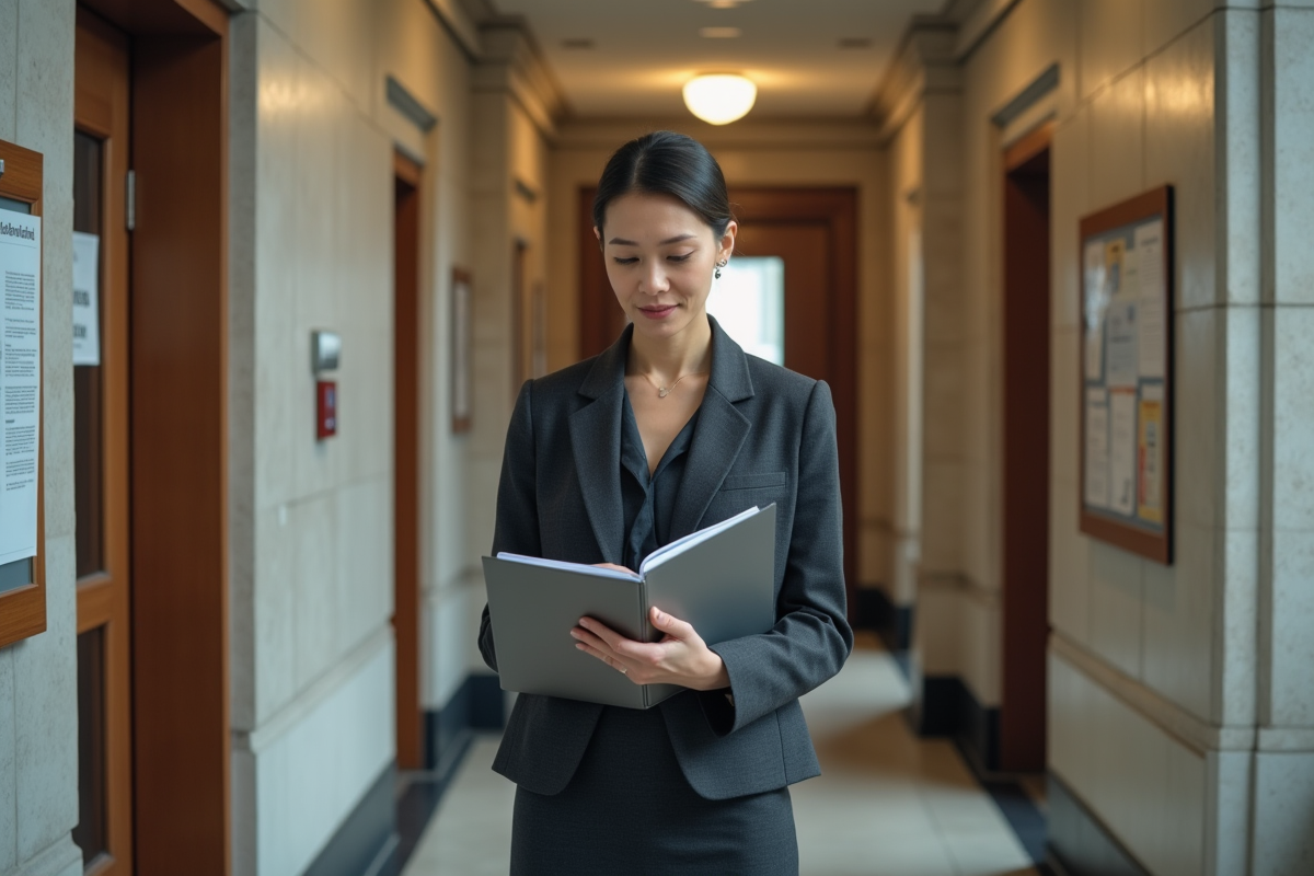 Femme professionnelle examine un dossier dans un couloir