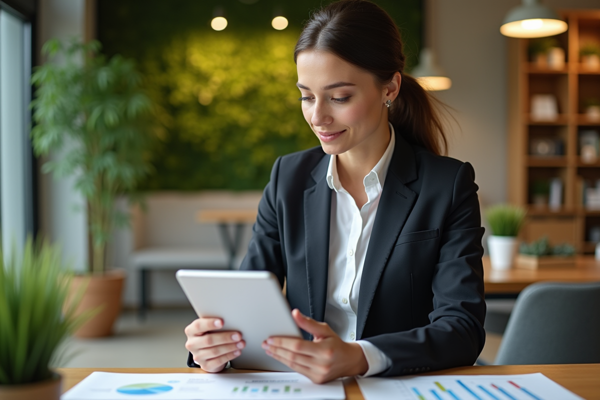 Femme d affaires regardant des graphiques de durabilite sur une tablette
