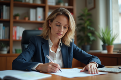 Femme en bureau municipal écrivant une lettre au maire