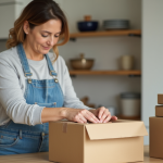 Femme d'âge moyen emballant des cartons dans une cuisine lumineuse