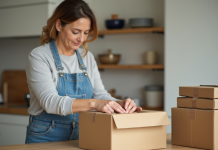 Femme d'âge moyen emballant des cartons dans une cuisine lumineuse