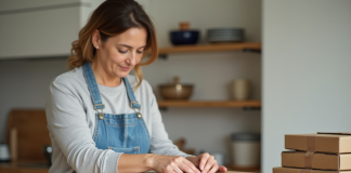 Femme d'âge moyen emballant des cartons dans une cuisine lumineuse
