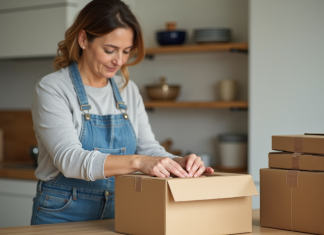 Femme d'âge moyen emballant des cartons dans une cuisine lumineuse