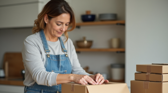 Femme d'âge moyen emballant des cartons dans une cuisine lumineuse