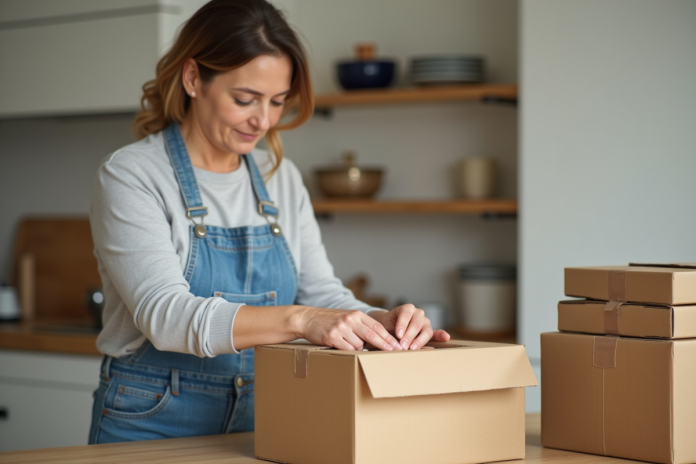 femme-emballant-cartons-cuisine Femme d'âge moyen emballant des cartons dans une cuisine lumineuse