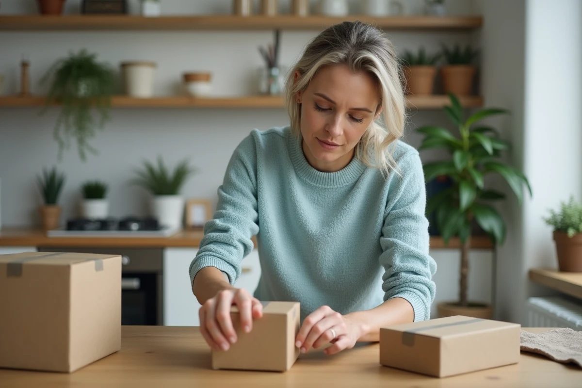Femme en train d'emballer des cartons dans une cuisine chaleureuse