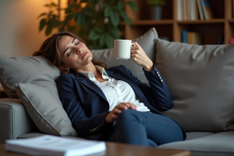 Femme fatiguée en tenue décontractée dans un salon cosy