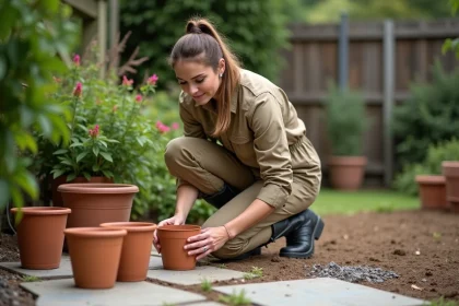 Femme en tenue de jardinage arrangeant des pots en terre cuite