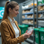 Femme en laboratoire d'économie circulaire examinant un composant recyclé