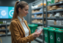 Femme en laboratoire d'économie circulaire examinant un composant recyclé