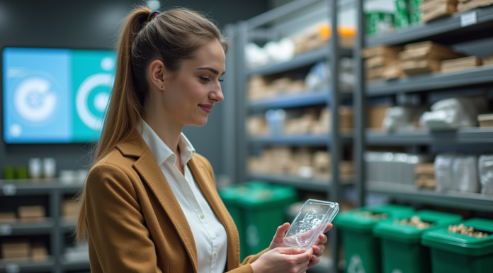 Femme en laboratoire d'économie circulaire examinant un composant recyclé