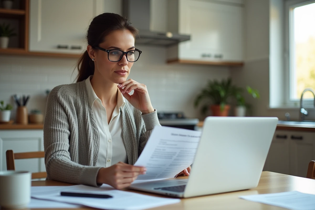 Une femme consulte attentivement son contrat de licenciement à domicile pour comprendre ses droits et son préavis légal