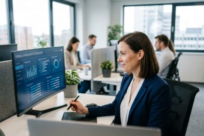 Une professionnelle utilisant un logiciel de gestion de la formation sur son ordinateur dans un bureau moderne