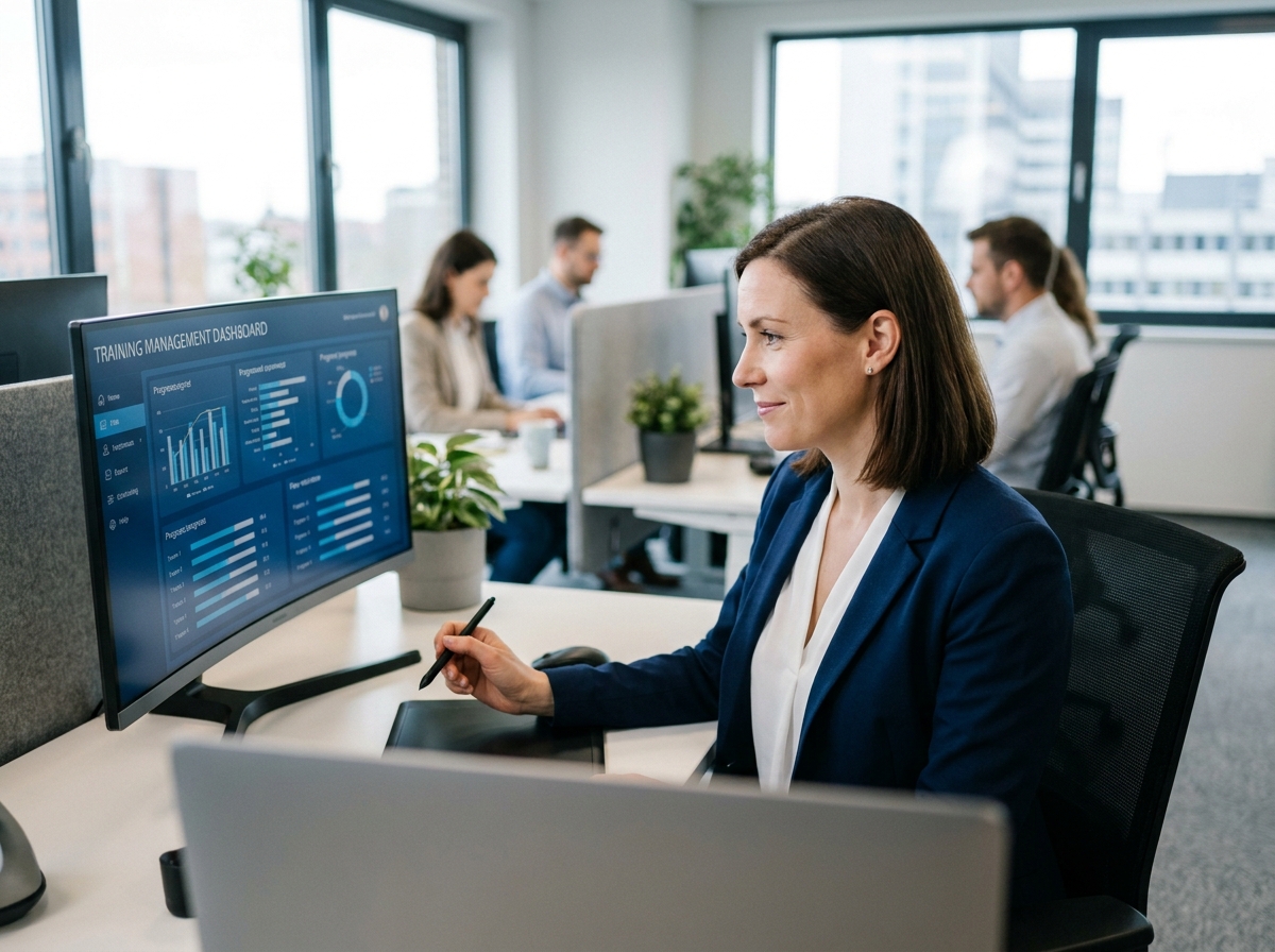 Une professionnelle utilisant un logiciel de gestion de la formation sur son ordinateur dans un bureau moderne