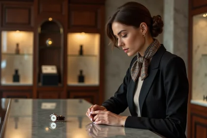 Femme élégante examine un montre de luxe en boutique