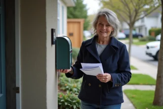 Femme recueillant du courrier devant sa maison dans un quartier résidentiel