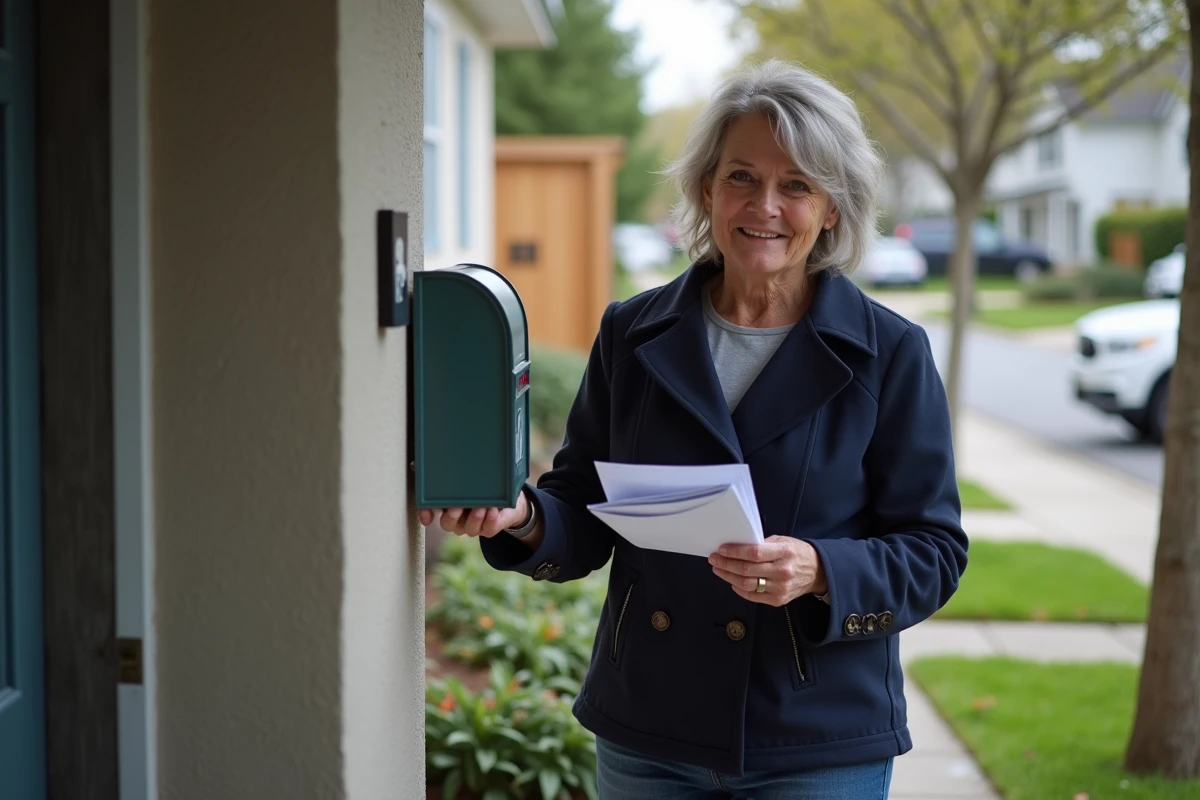 Femme recueillant du courrier devant sa maison dans un quartier résidentiel