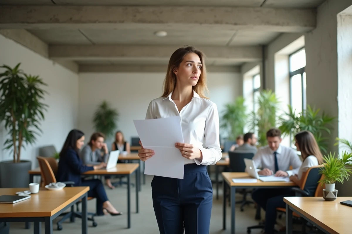 Femme manager dépassée par ses nouvelles responsabilités dans un espace de travail moderne, illustration de la loi de Peters