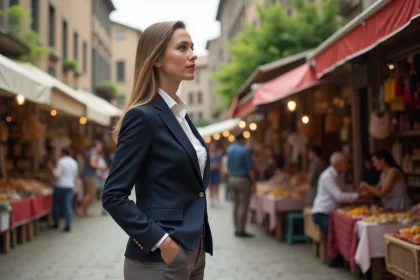 Femme d'affaires observant un marché local en extérieur