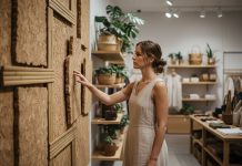 Jeune femme dans une boutique avec matériaux naturels