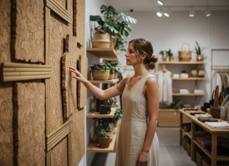 Jeune femme dans une boutique avec matériaux naturels