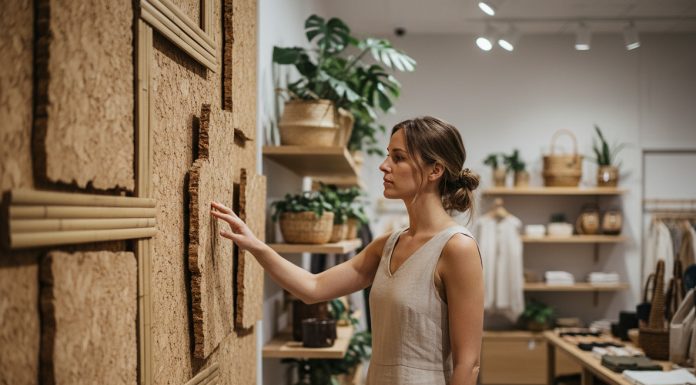 Jeune femme dans une boutique avec matériaux naturels