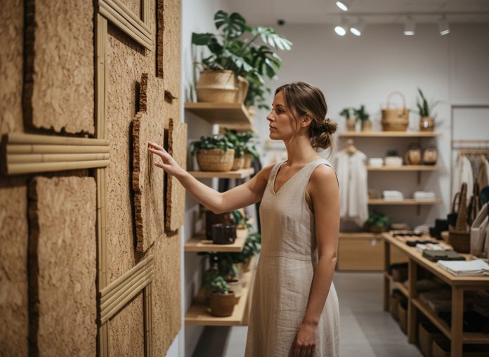 femme-materials-boutique Jeune femme dans une boutique avec matériaux naturels