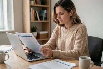Femme en mi-temps calculant ses jours travaillés sur un calendrier annuel 2026 à son bureau à domicile