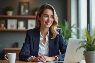 Femme professionnelle participant à un événement networking B2B en ligne depuis son bureau à domicile