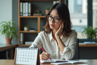 Femme concentrée comptant les jours sur un calendrier