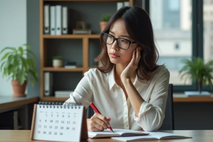 Femme concentrée comptant les jours sur un calendrier