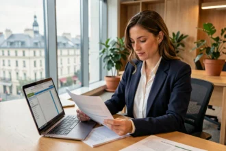 Femme professionnelle travaillant à l'étranger en portage salarial dans un espace de coworking moderne avec vue sur une ville européenne