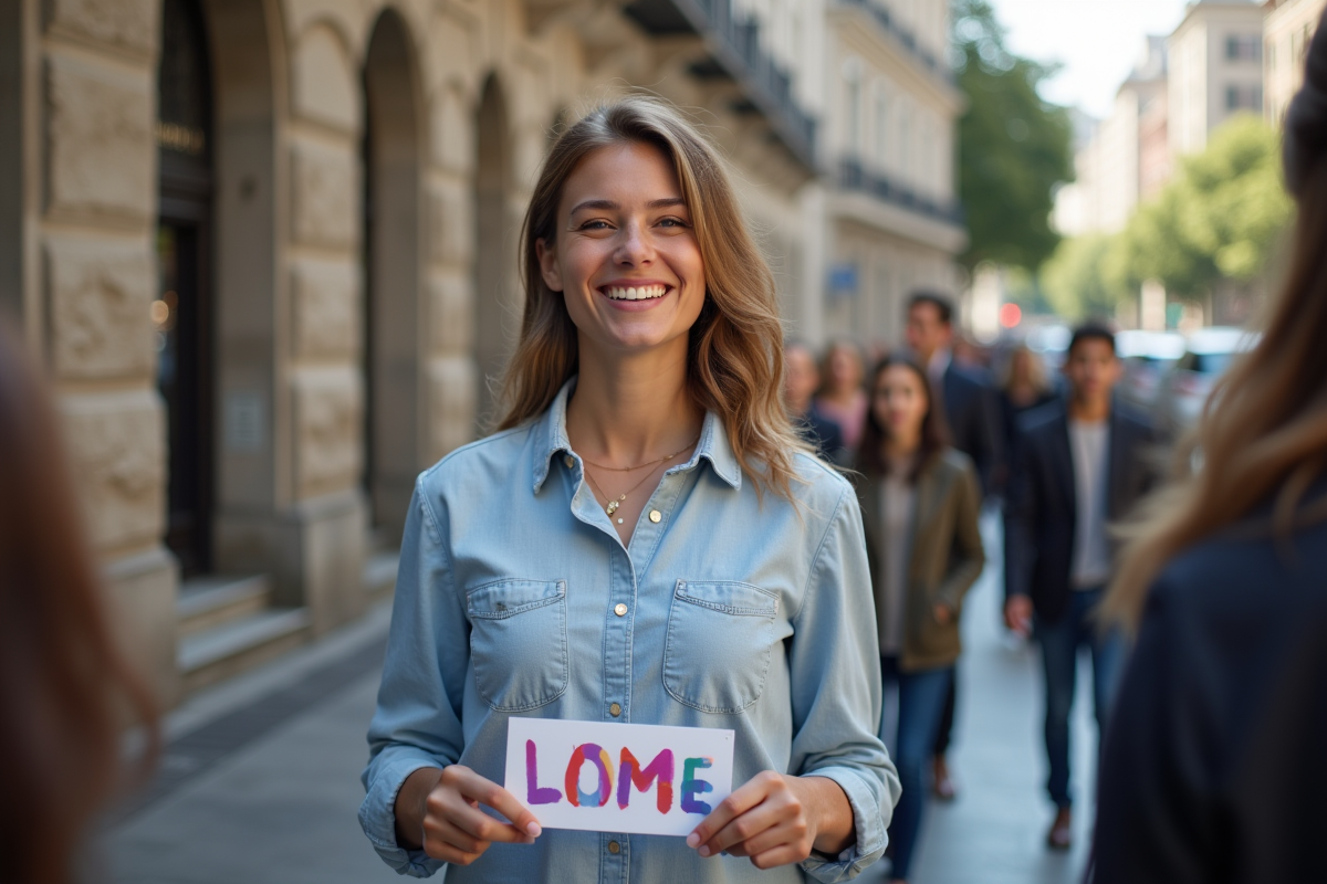 Jeune femme présentant une affiche dans la rue urbaine