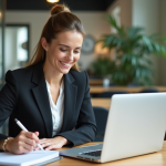 Femme professionnelle souriante dans un bureau moderne