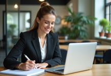 Femme professionnelle souriante dans un bureau moderne
