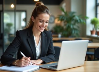 Femme professionnelle souriante dans un bureau moderne