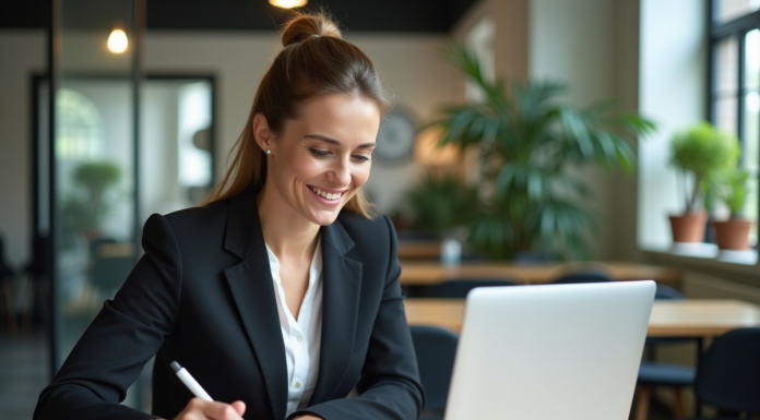 Femme professionnelle souriante dans un bureau moderne