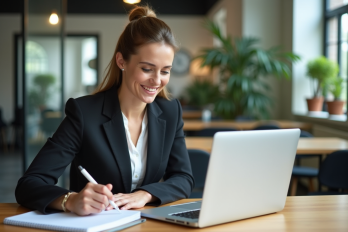 Femme professionnelle souriante dans un bureau moderne