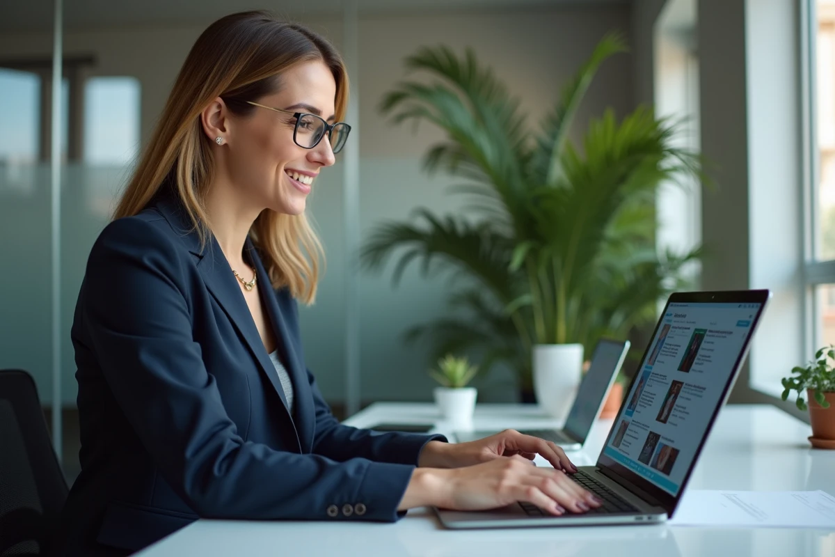 Femme professionnelle souriante travaillant sur un ordinateur dans un bureau moderne