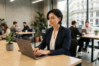 Femme professionnelle travaillant dans un espace de coworking moderne à Rueil-Malmaison