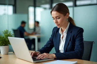 Femme professionnelle rédigeant un mail formel pour inscrire un point à l'ordre du jour d'une réunion