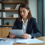 Obligations 2025 : ce qui deviendra indispensable dans les années à venir Femme professionnelle en blazer avec tablette dans un bureau moderne