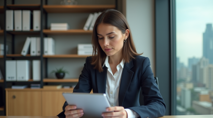 Obligations 2025 : ce qui deviendra indispensable dans les années à venir Femme professionnelle en blazer avec tablette dans un bureau moderne