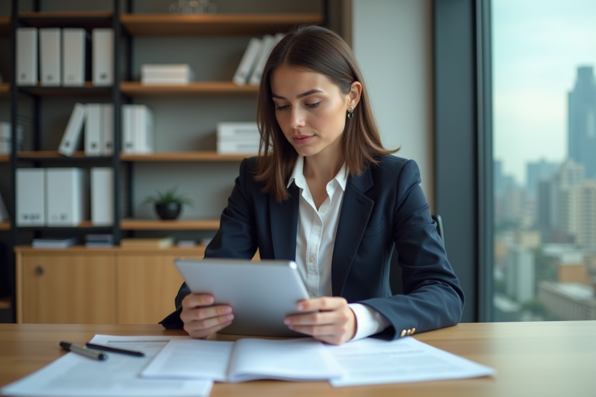 Femme professionnelle en blazer avec tablette dans un bureau moderne