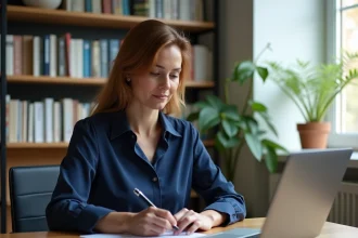 Femme en reconversion professionnelle consultant ses documents financiers sur un bureau en bois pour sécuriser ses revenus avec l'allocation de sécurisation professionnelle