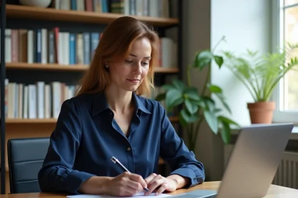 Femme en reconversion professionnelle consultant ses documents financiers sur un bureau en bois pour sécuriser ses revenus avec l'allocation de sécurisation professionnelle