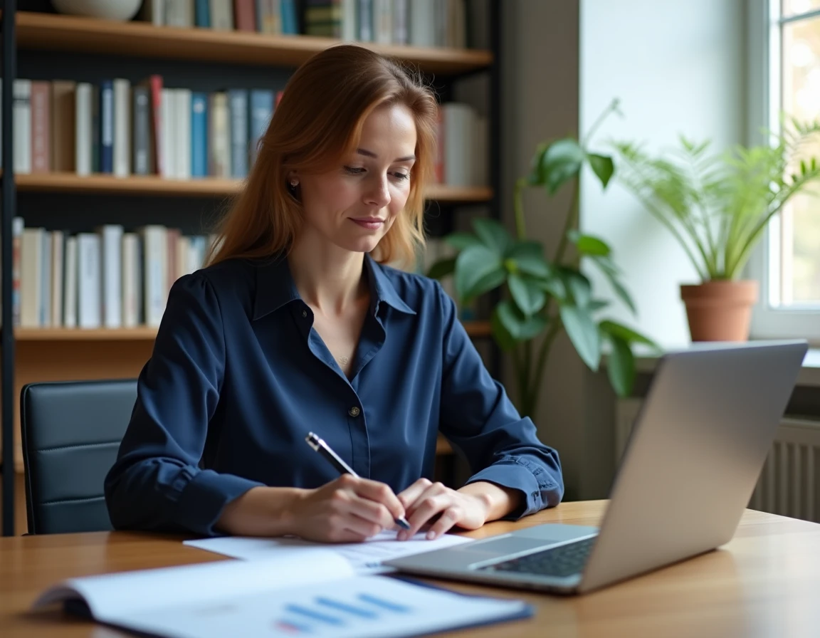 Femme en reconversion professionnelle consultant ses documents financiers sur un bureau en bois pour sécuriser ses revenus avec l'allocation de sécurisation professionnelle