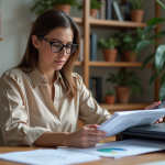 Femme scannant des documents colorés dans un bureau professionnel